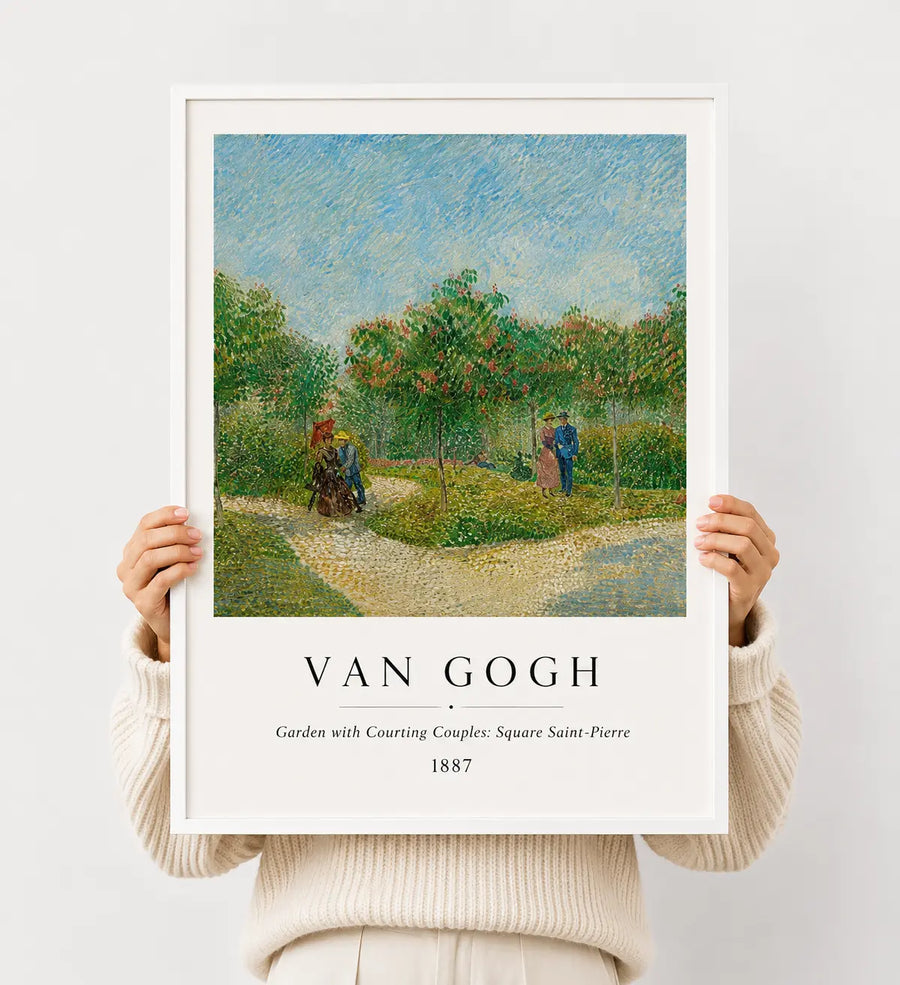 Van Gogh landscape print, white frame, path and trees with people; '1887' text.