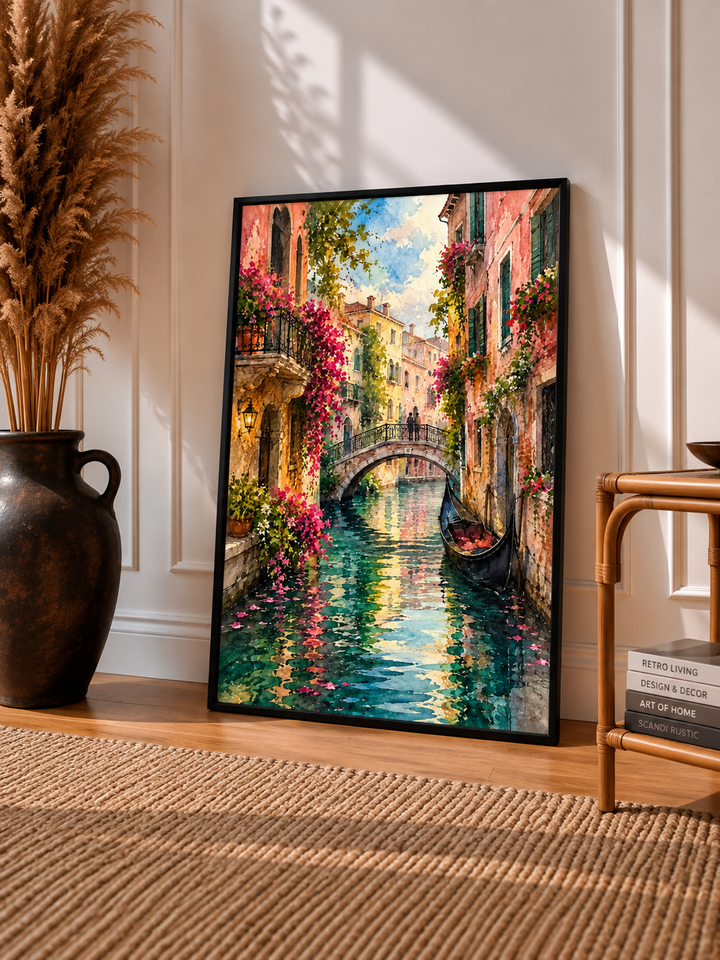 Colorful Street Watercolor Art Print displayed in a slim black frame inside a warm neutral interior