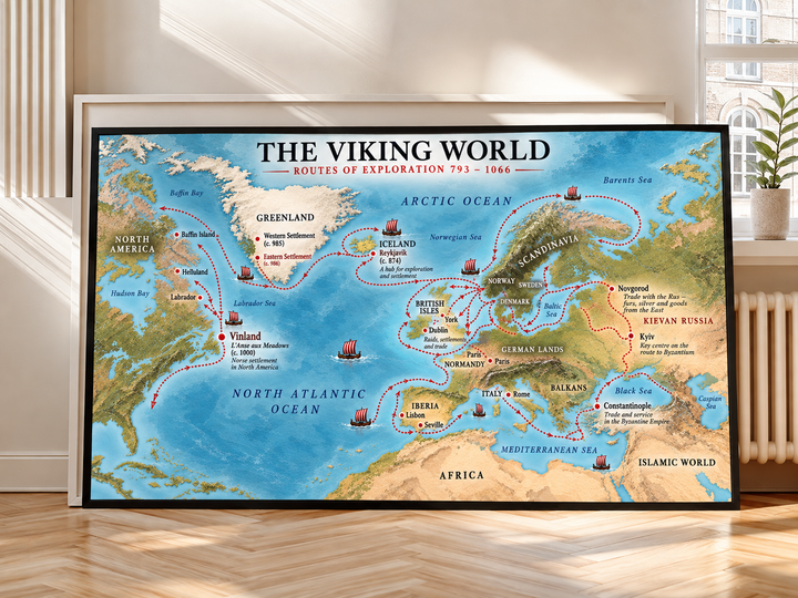 Viking World Map finished with a premium black frame, creating bold contrast around the illustrated longships, Scandinavian territories and medieval exploration paths.