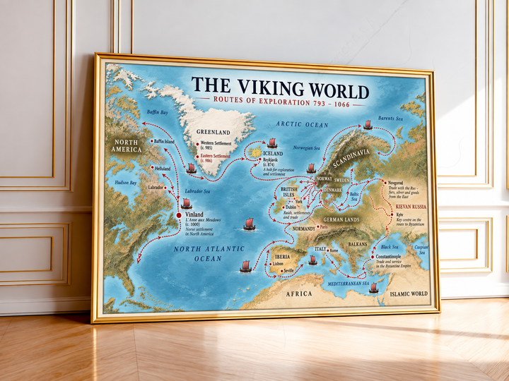 Viking World Map displayed in a natural oak frame, pairing warm wood tones with detailed Norse exploration routes connecting Scandinavia, Iceland, Greenland and Vinland.