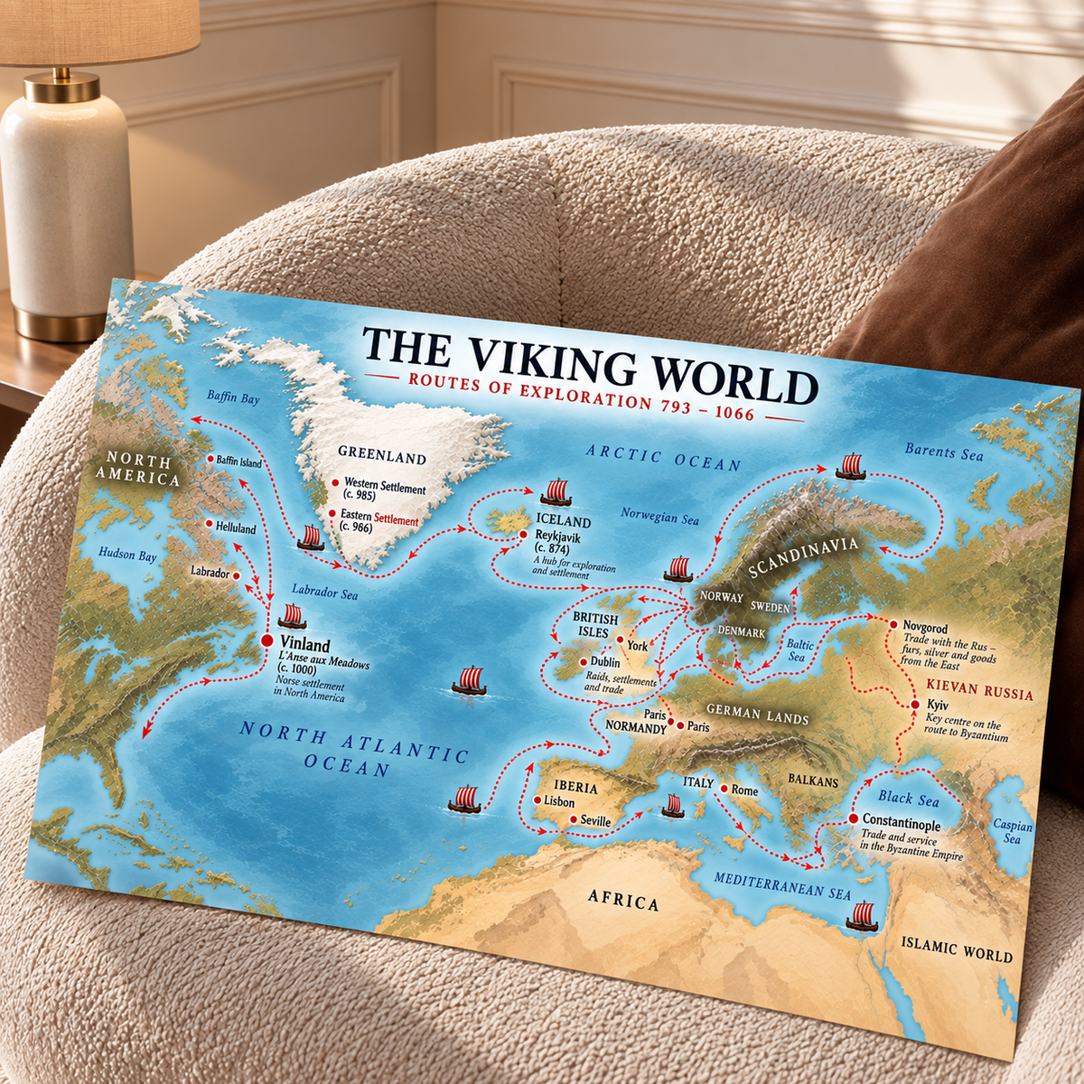 Viking World Map museum quality poster tracing Norse voyages from Scandinavia through the British Isles, Iceland and Greenland toward the coast of North America.