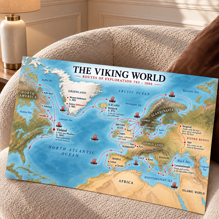Viking World Map museum quality poster tracing Norse voyages from Scandinavia through the British Isles, Iceland and Greenland toward the coast of North America.