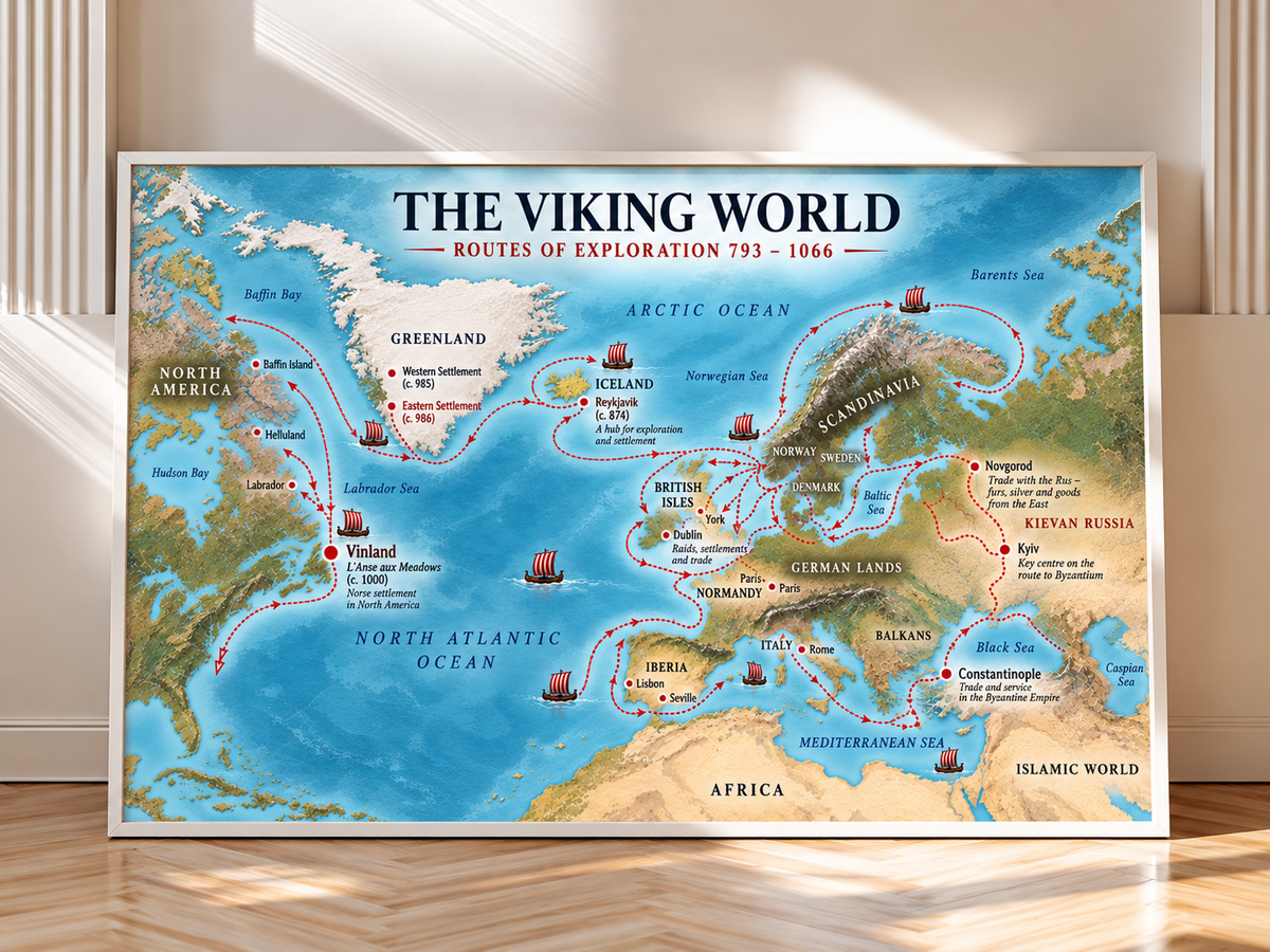 Viking World Map presented with a clean white frame in a bright interior, highlighting Viking Age voyages, historic settlements and maritime routes across the North Atlantic.
