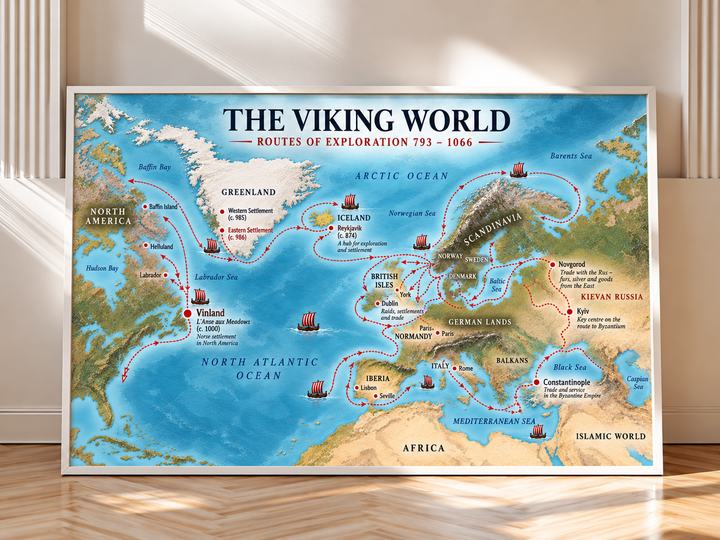 Viking World Map presented with a clean white frame in a bright interior, highlighting Viking Age voyages, historic settlements and maritime routes across the North Atlantic.