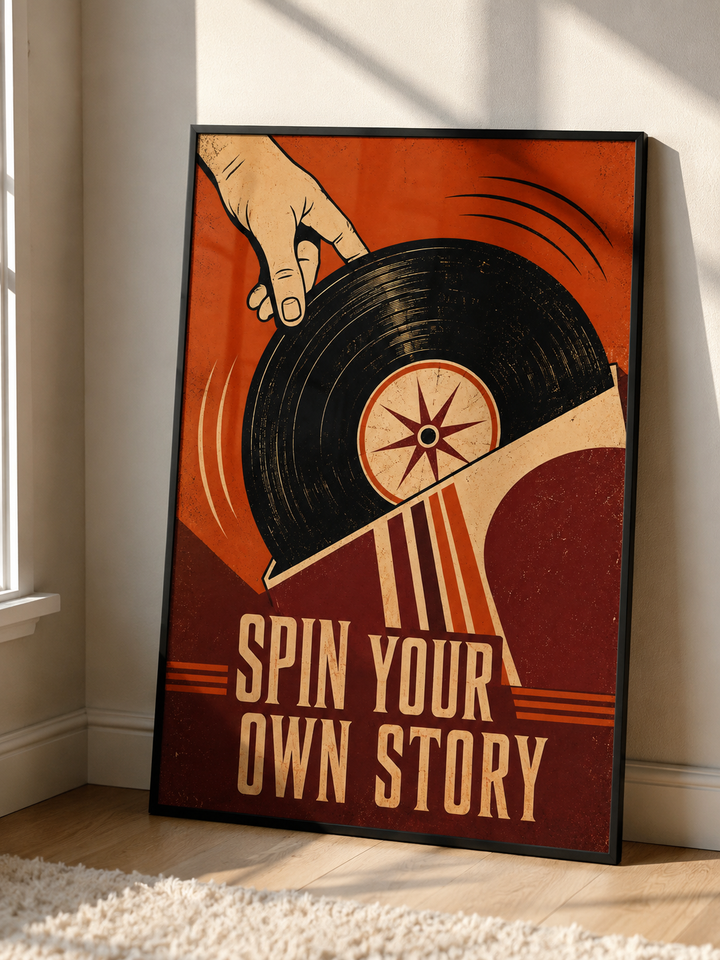 Retro Music Art Print featuring a vinyl record graphic and bold Spin Your Own Story typography