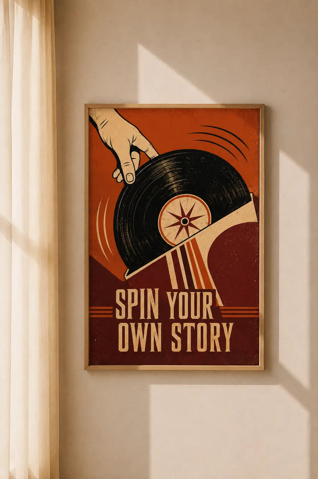 Framed retro music art print with wood border, vinyl record graphic and “Spin Your Own Story”