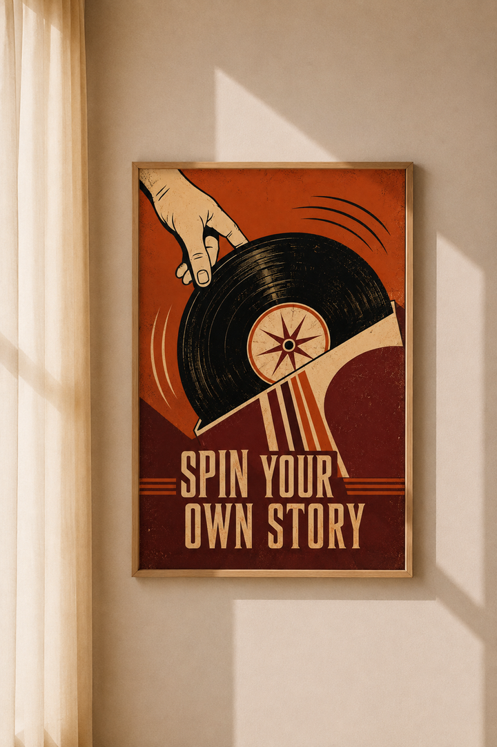 Retro Music Art Print displayed as vintage inspired wall decor in a warm modern living space
