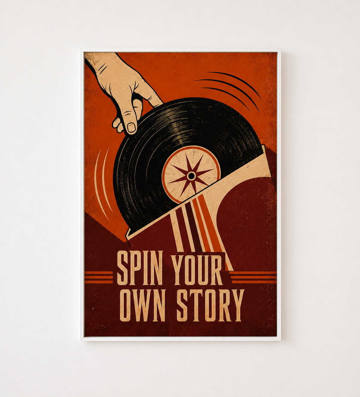 Retro Music Art Print with orange, black and cream vinyl record illustration and graphic typography