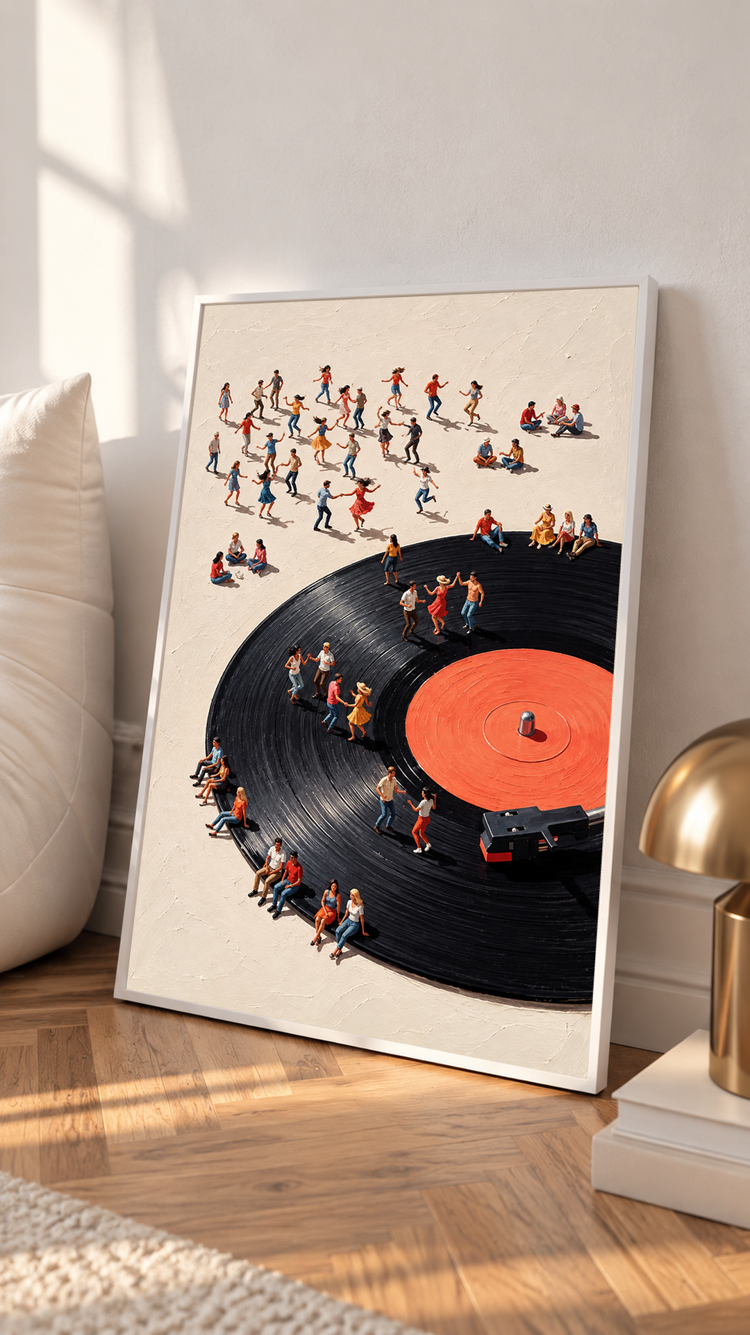Vinyl Record People Art presented in a clean white frame, featuring miniature figures dancing, sitting and gathering across an oversized black record with a vivid orange center.