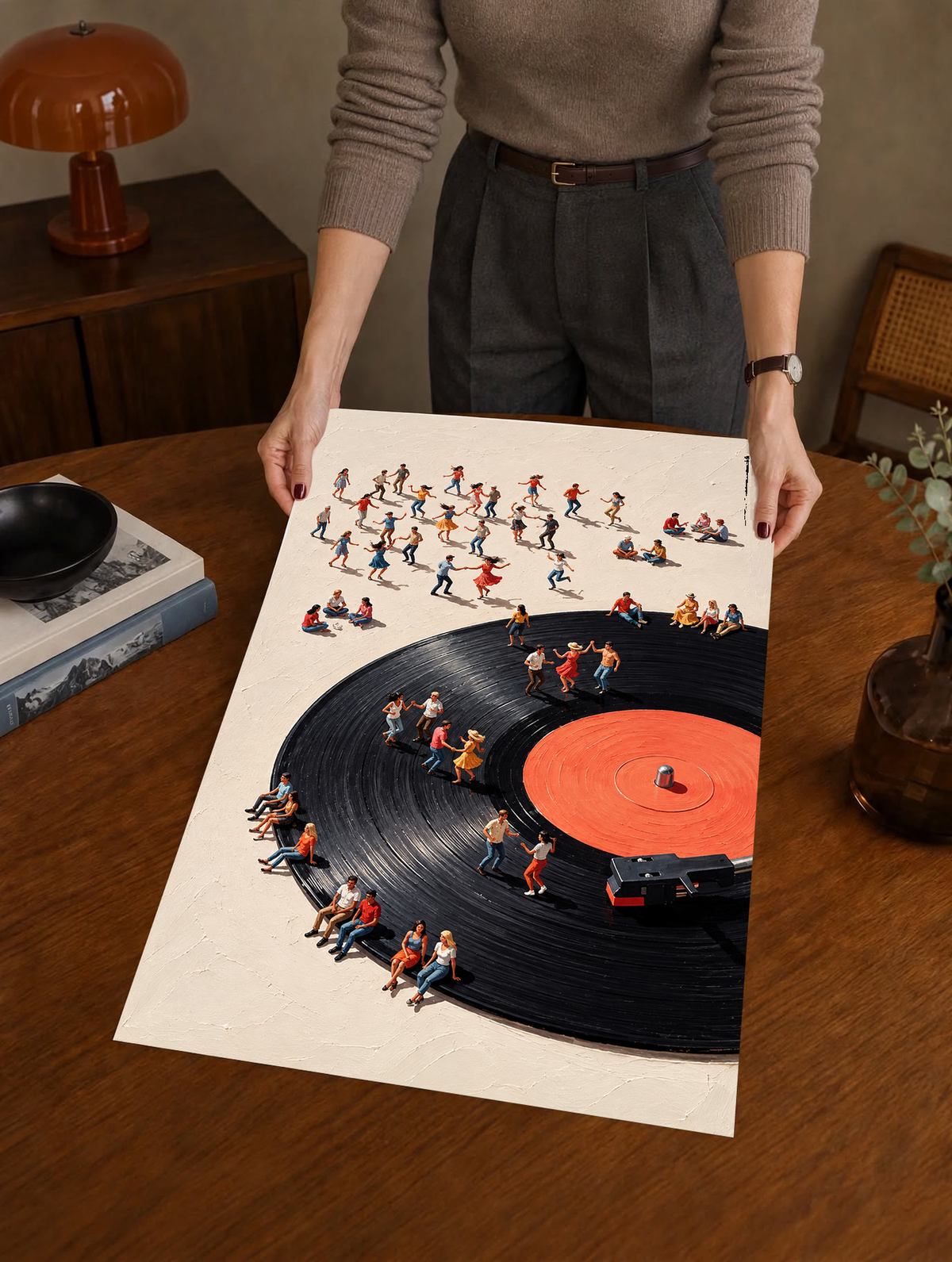 Retro vinyl record people wall art poster with dancers and orange center label