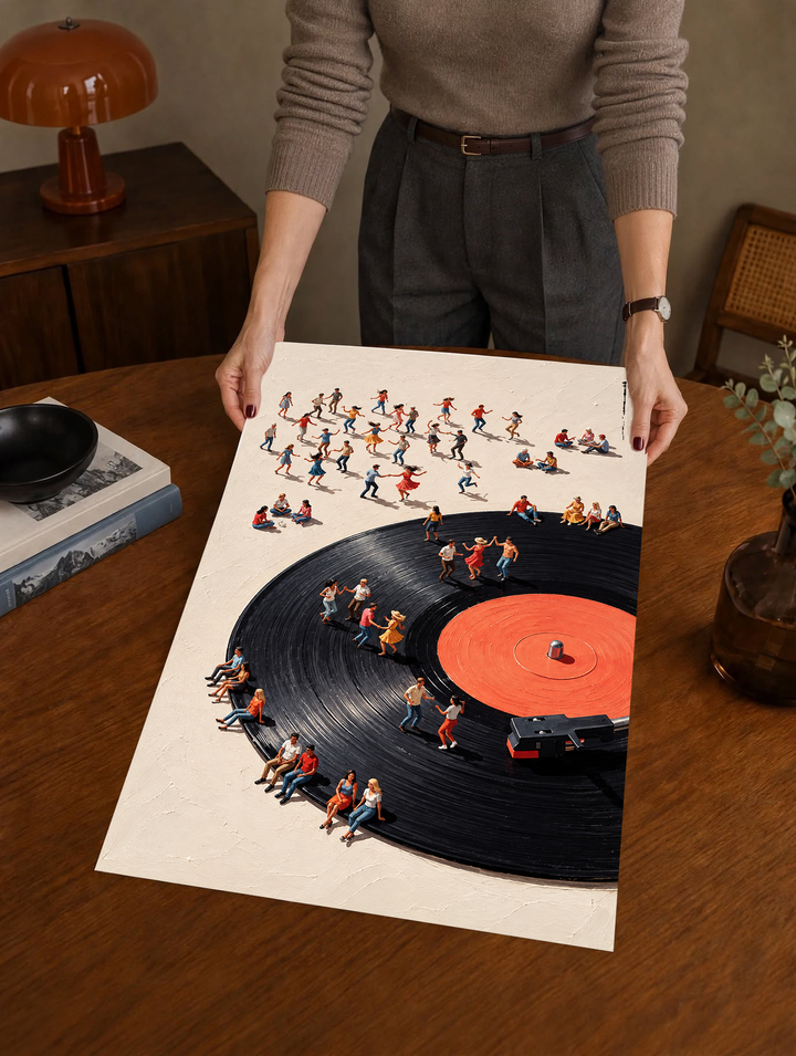 Playful music wall print with miniature human figures surrounding a black record, designed for listening rooms and creative interiors.