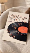 Retro vinyl record people wall art poster on sofa with black record and orange center