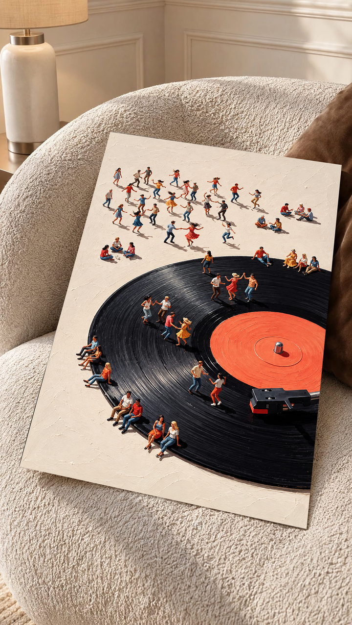 Music lover illustration print showing tiny people socializing, relaxing and dancing across a large vintage inspired vinyl record.