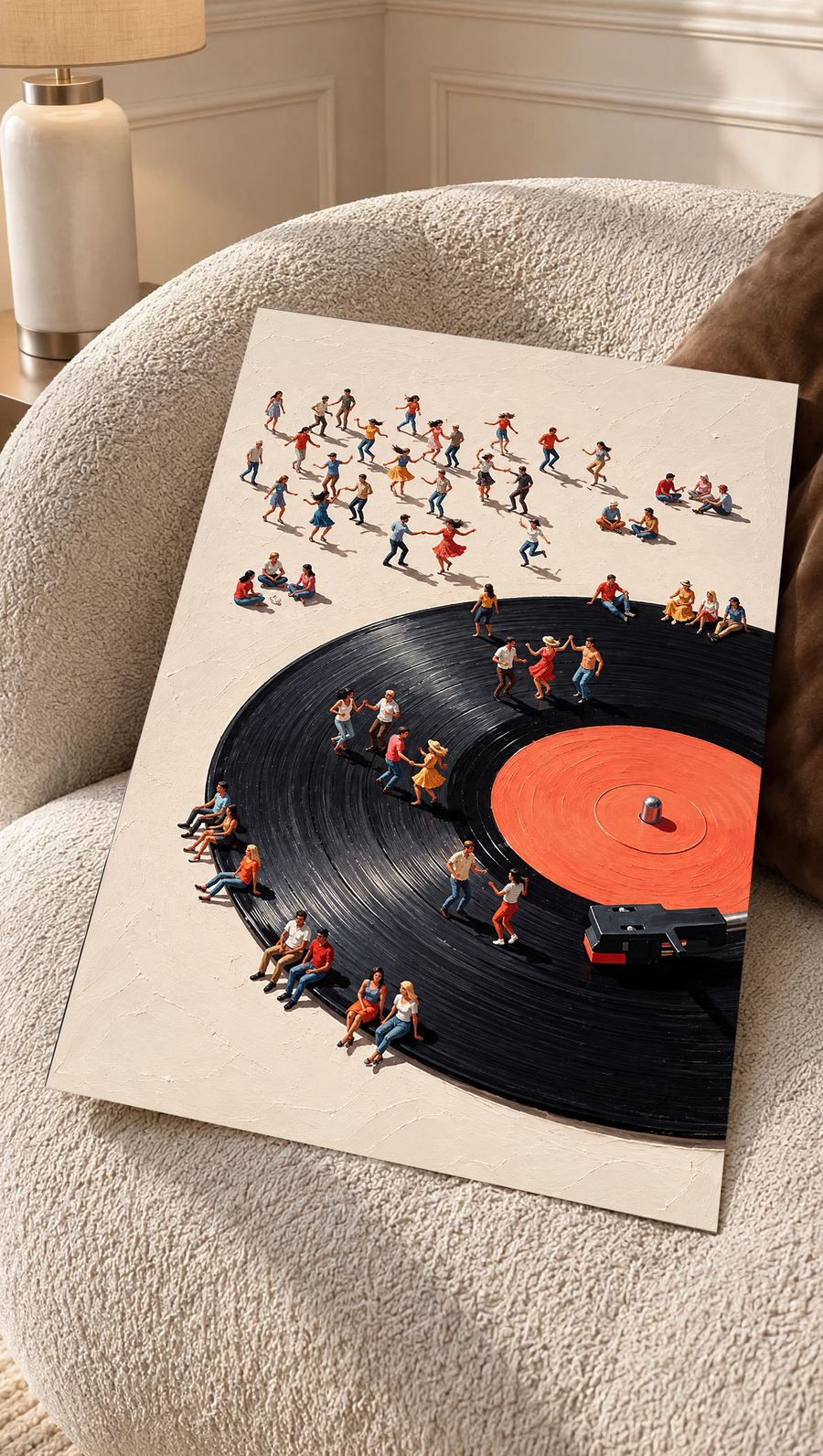 Retro vinyl record people wall art poster on sofa with black record and orange center