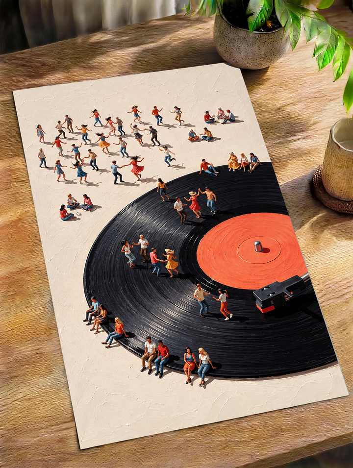 Vinyl Record People Art poster featuring an oversized black record with miniature figures dancing, relaxing and gathering around a bold orange center.