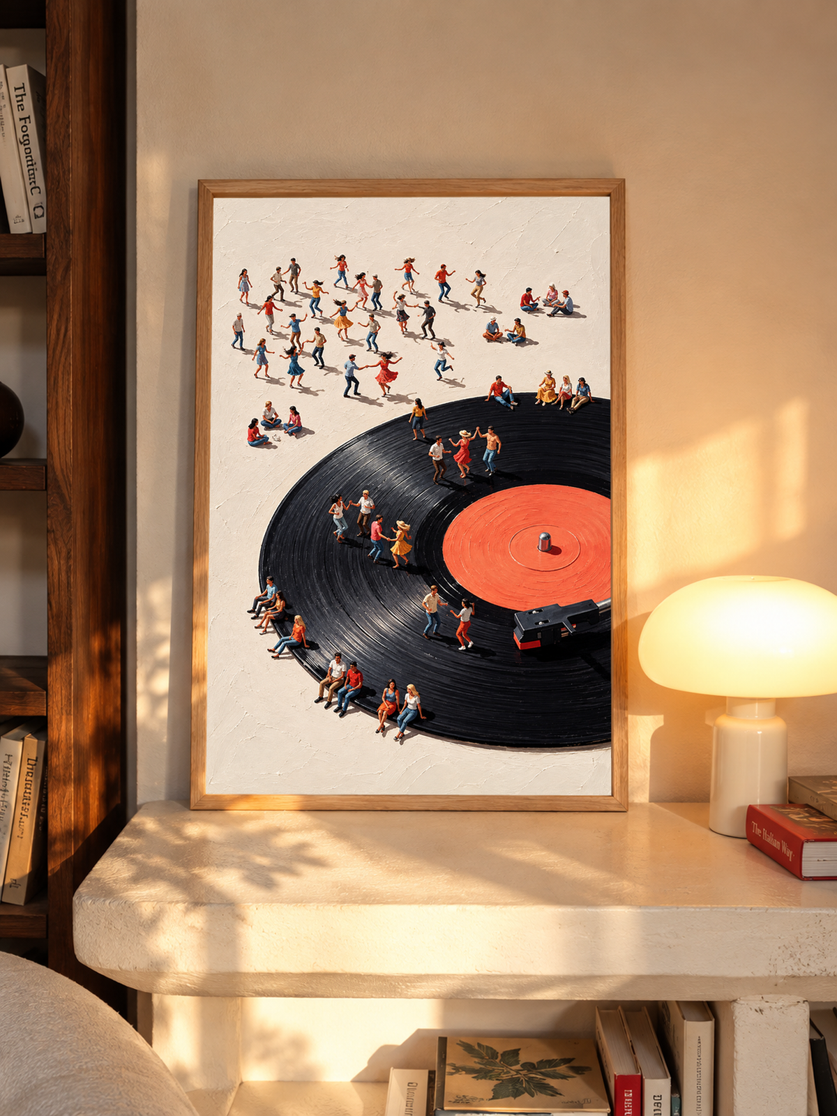 Music lover wall decor featuring an oversized record and colorful miniature figures, styled as framed art for a record player corner.