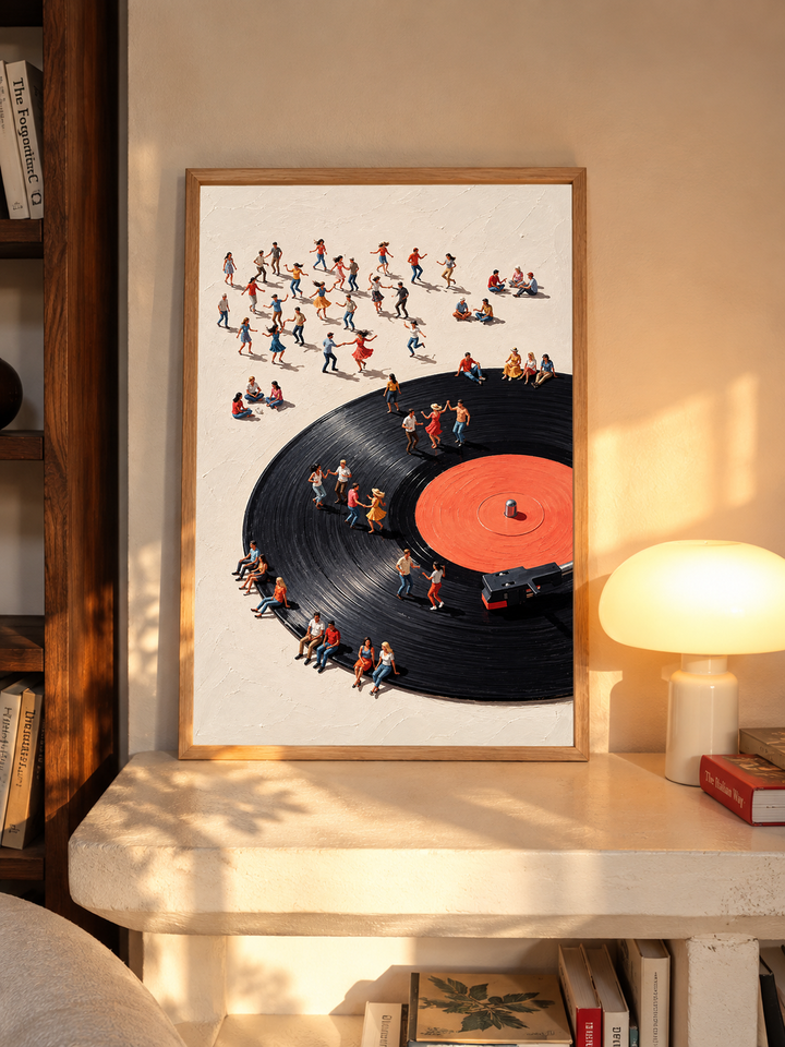 Music lover wall decor featuring an oversized record and colorful miniature figures, styled as framed art for a record player corner.