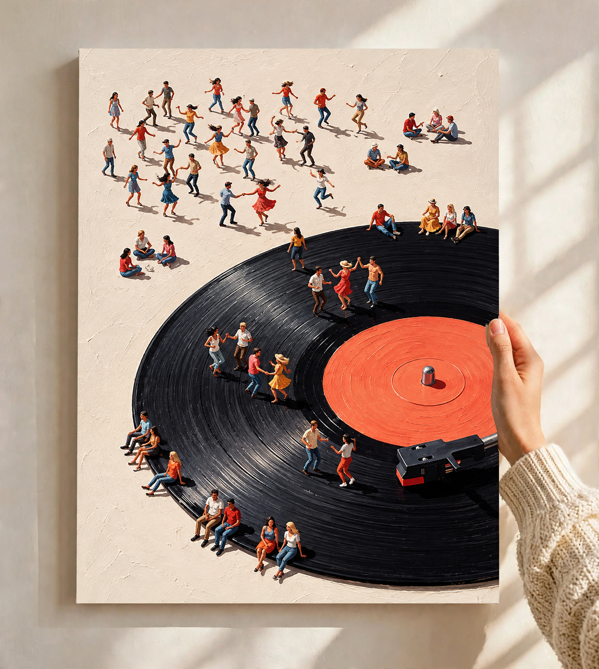Playful music wall print with miniature human figures surrounding a black record, designed for listening rooms and creative interiors.