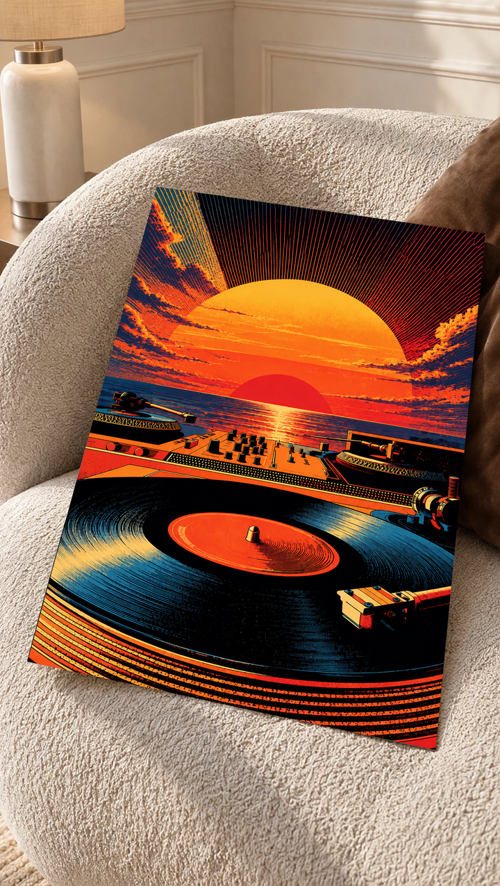 Framed retro sunset and vinyl record artwork styled in a cozy interior, combining vivid orange light, deep black tones and a surreal music inspired landscape.