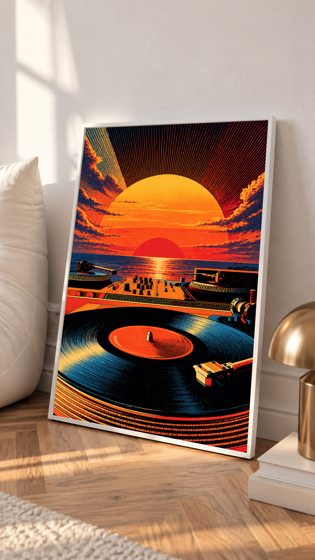 Retro sunset vinyl art print in a white frame, with turntable details and bold sunset colors.