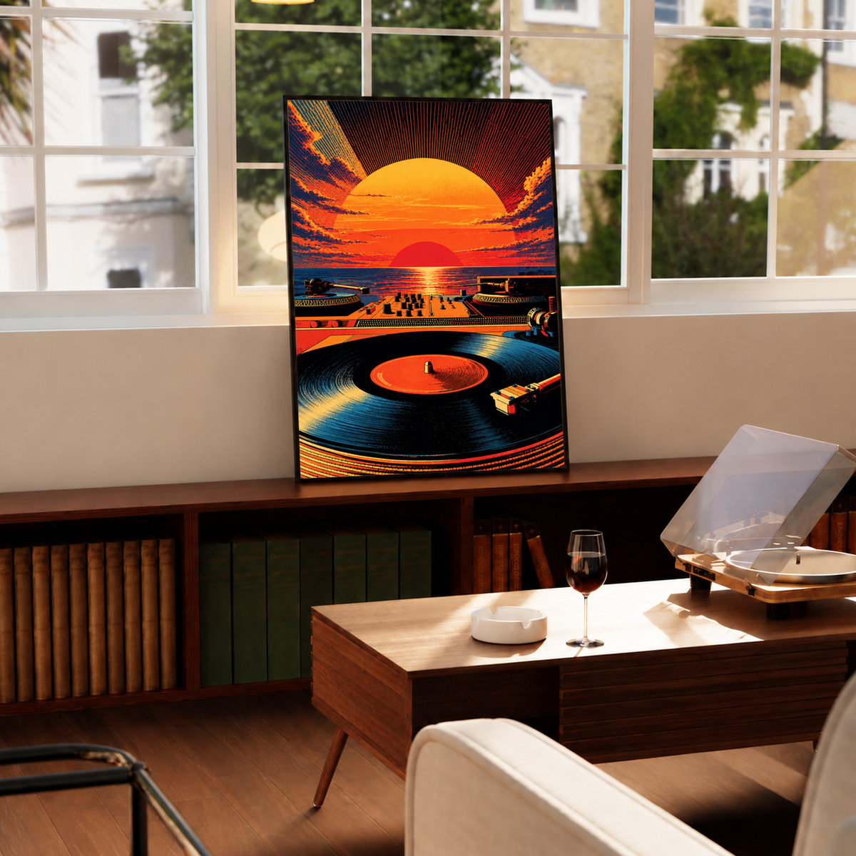 Retro Sunset Vinyl Art Print displayed in a black frame, featuring a glowing orange horizon, winding landscape and bold record imagery in a warm living room.