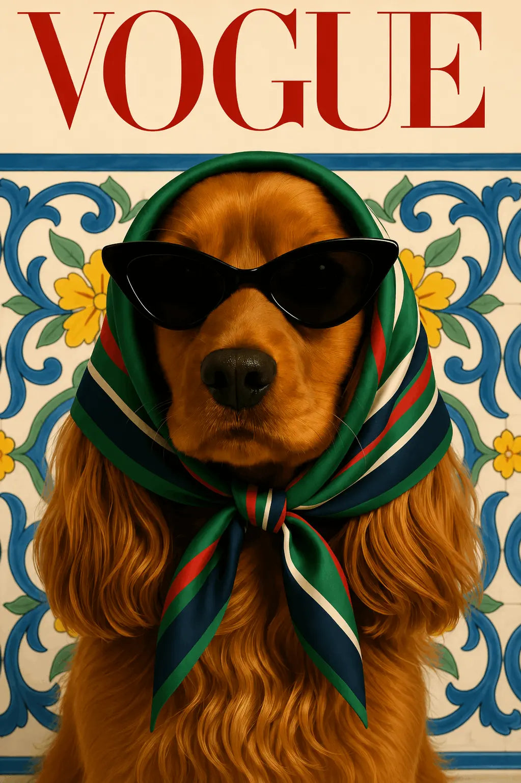 Vogue dog wall art poster featuring a tan dog in black sunglasses and green scarf