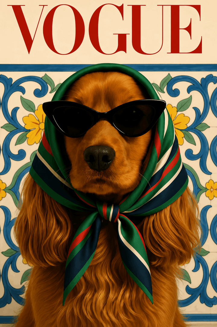 Vogue dog wall art poster featuring a tan dog in black sunglasses and green scarf