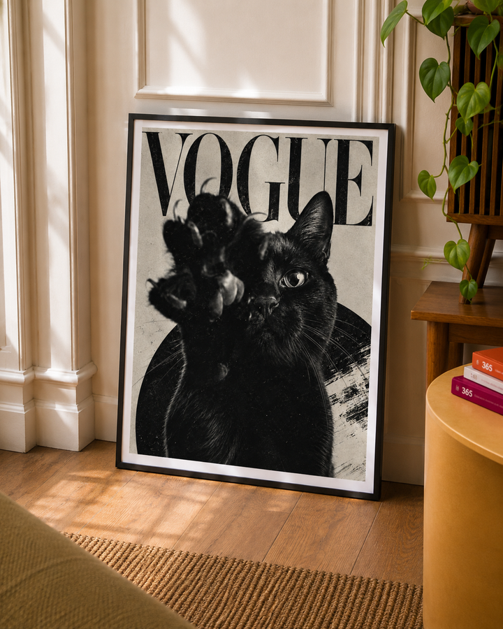 Black Cat Fashion Art Print featuring a dramatic monochrome feline portrait with editorial styling