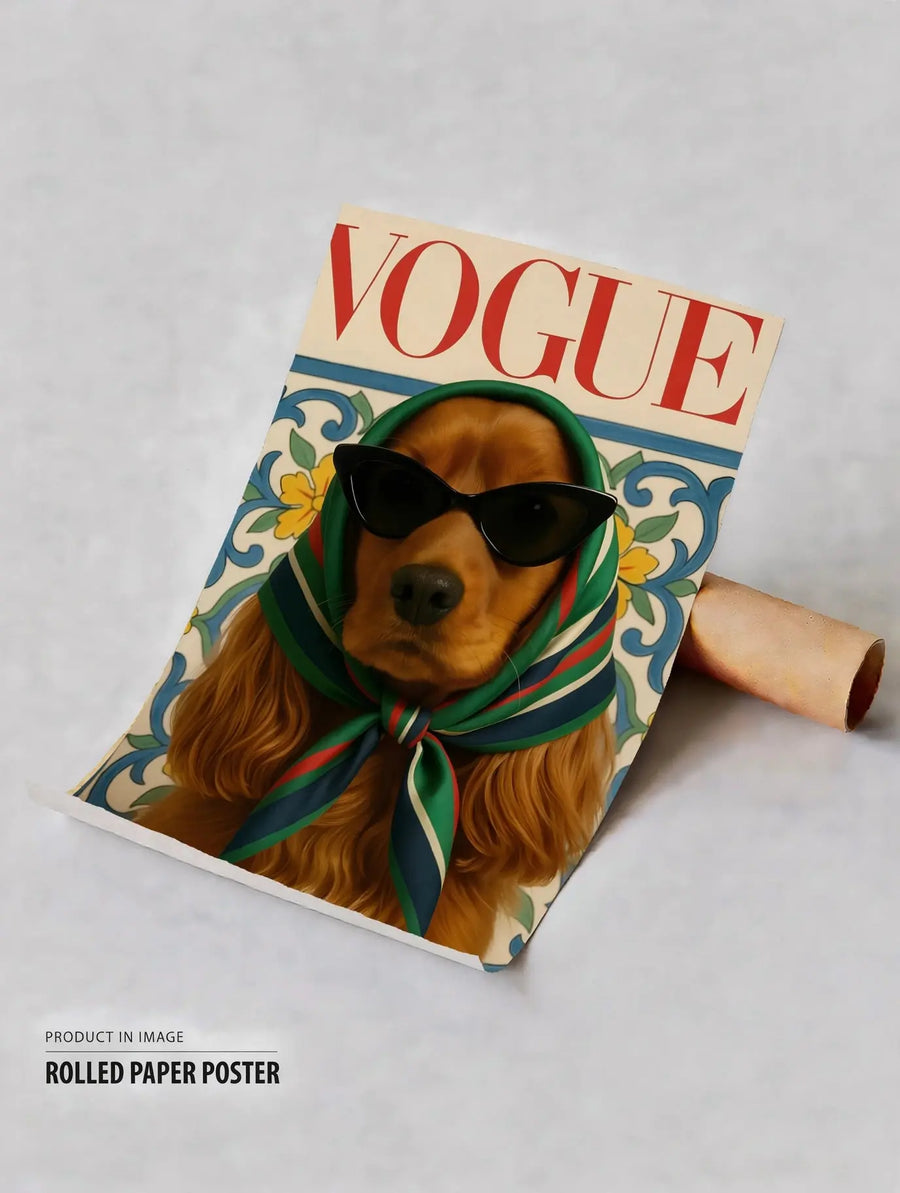 Póster enrollado de un perro con gafas de sol