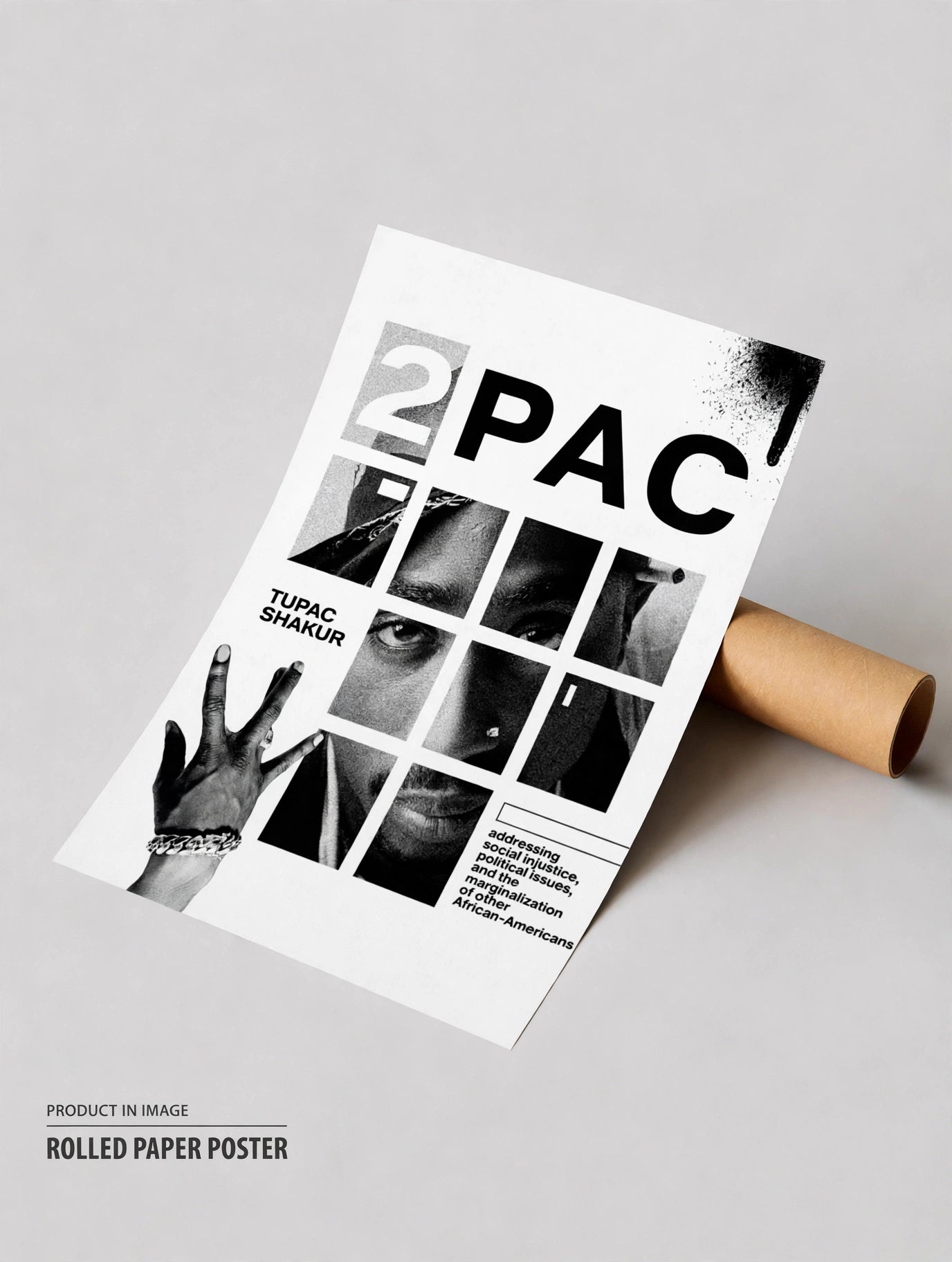 Póster collage de tipografía enrollada con gran lettering 2PAC, cuadrícula de fotos en blanco y negro, bloque de texto