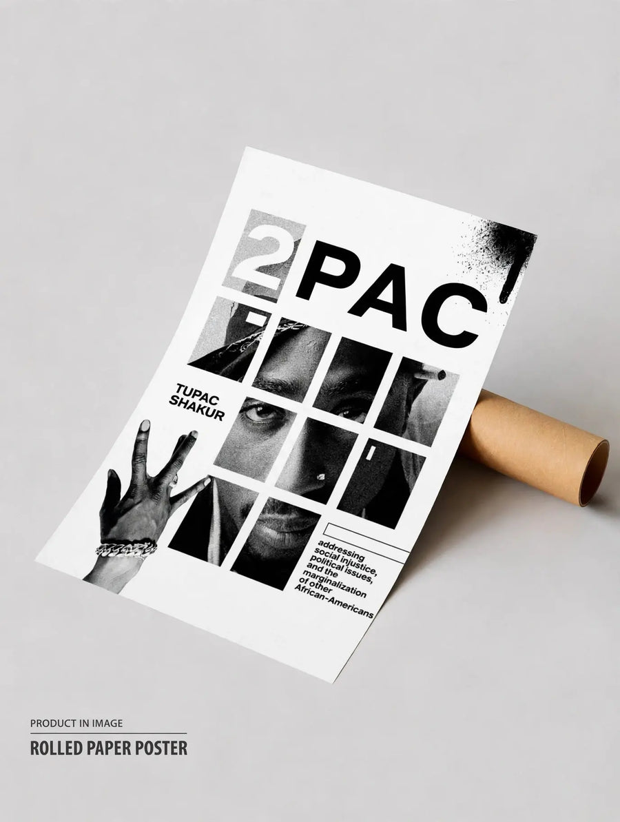 Póster collage de tipografía enrollada con gran lettering 2PAC, cuadrícula de fotos en blanco y negro, bloque de texto