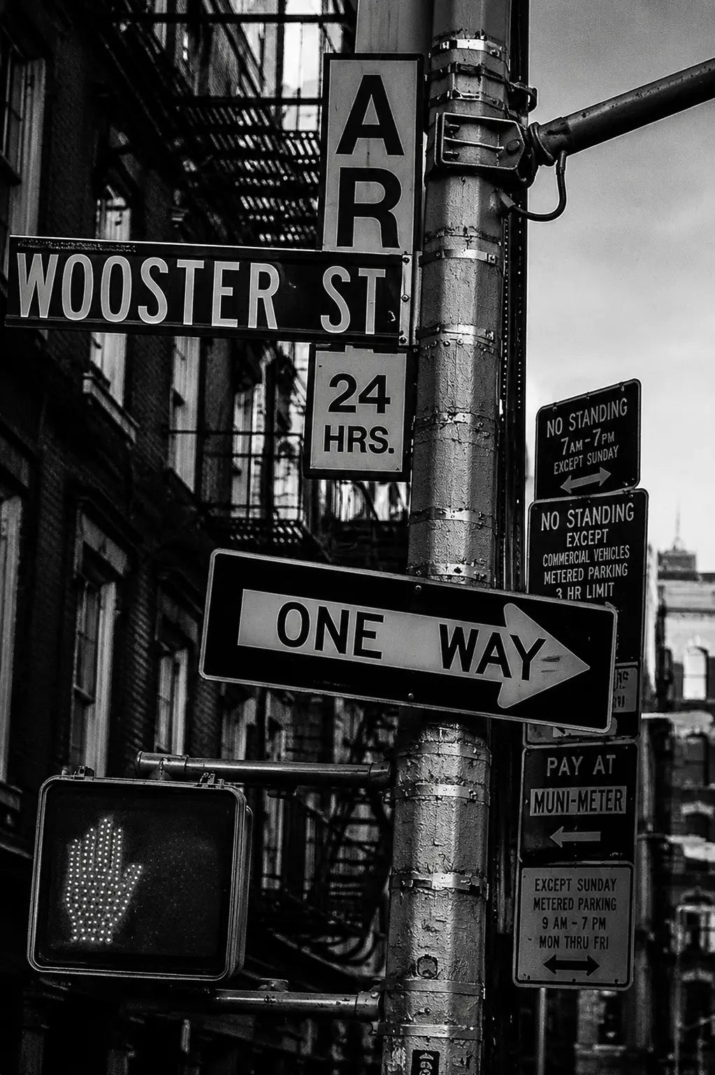 Close-up street sign art print showing “One Way” arrow and “24 HRS” placard.
