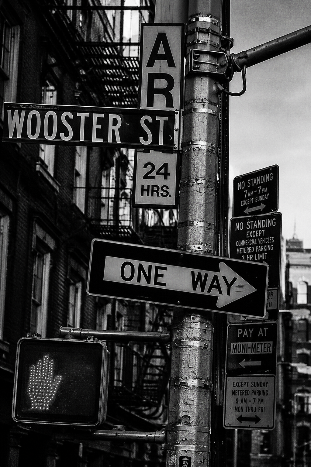 New York Street Sign Art Print bringing downtown New York street culture into a black and white gallery wall