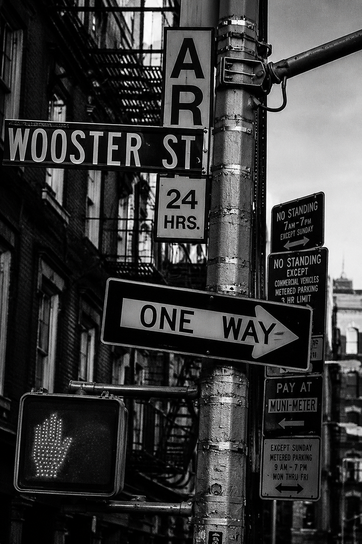 New York Street Sign Art Print bringing downtown New York street culture into a black and white gallery wall
