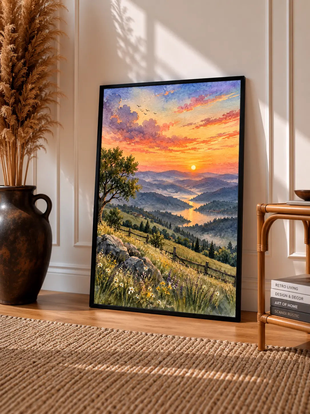 Black-framed watercolor sunset landscape with mountains, river, and wildflower meadow