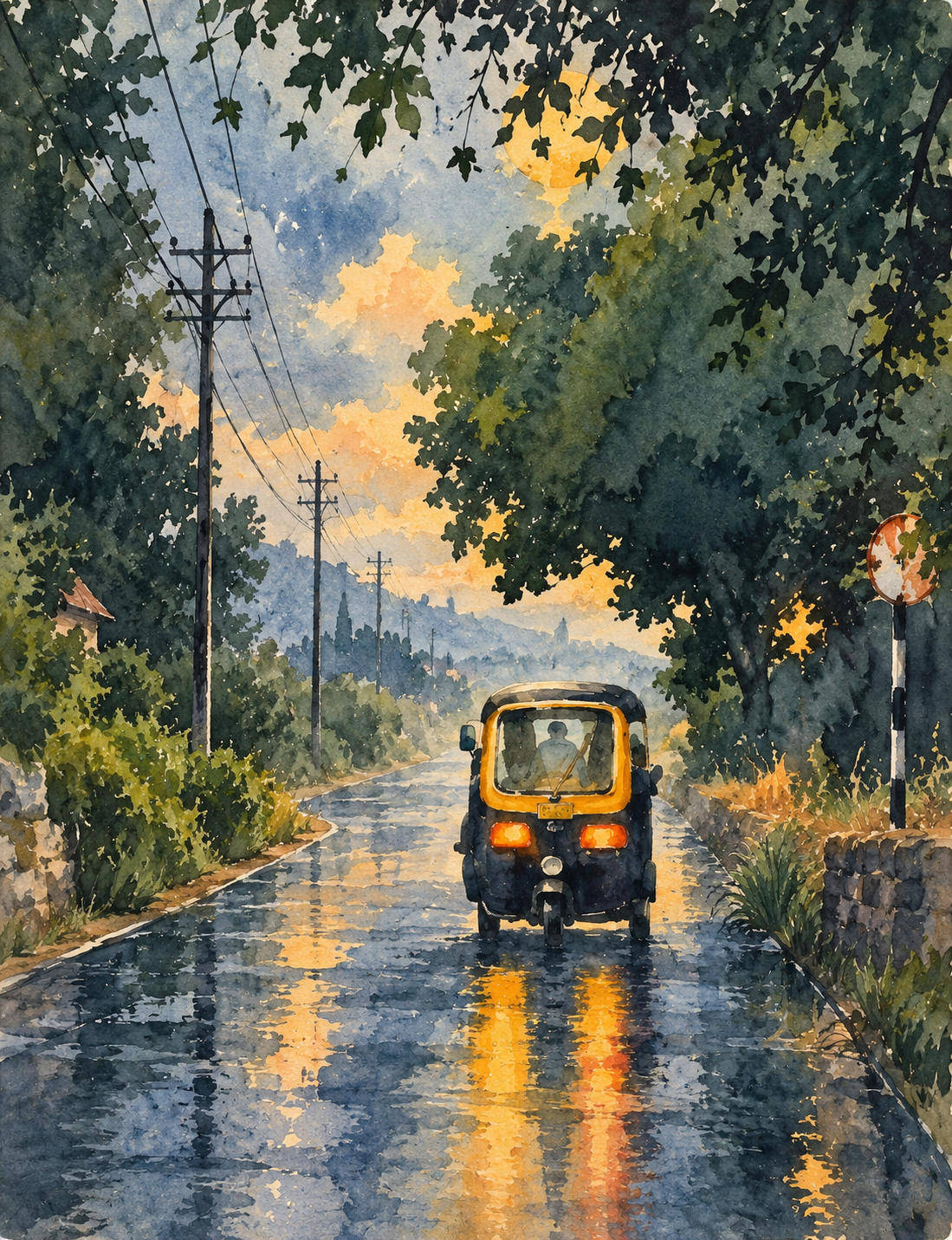 Rainy City Watercolor Art Print showing a quiet urban avenue beneath leafy trees after rainfall
