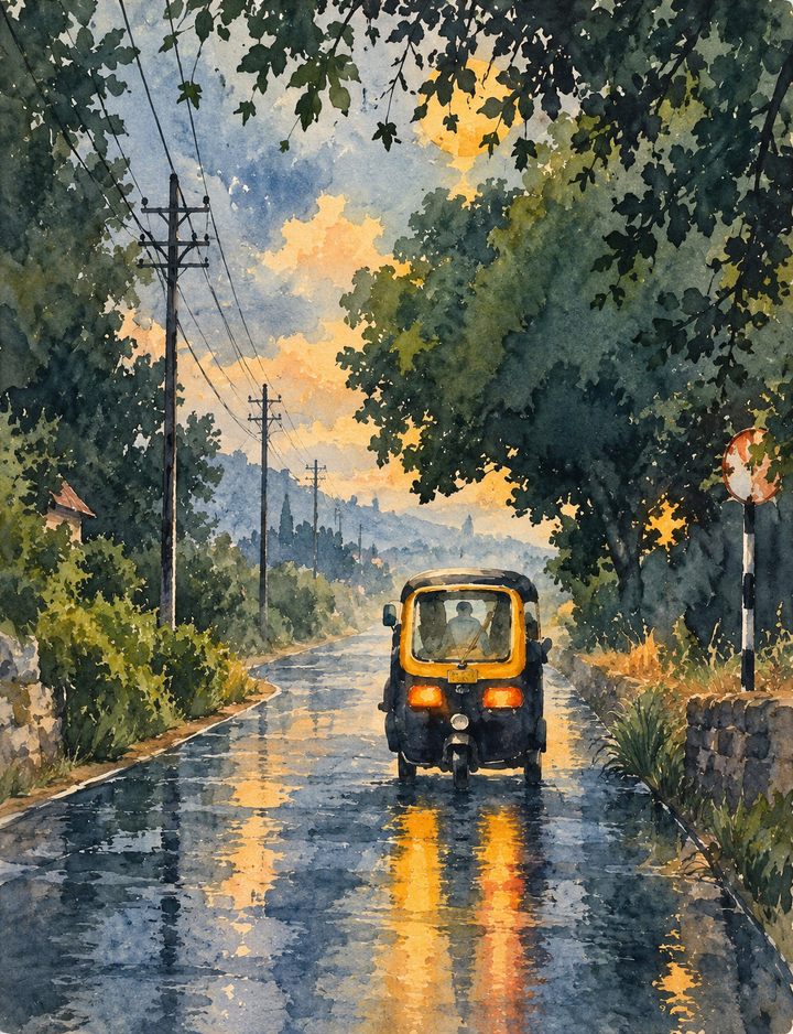 Rainy City Watercolor Art Print showing a quiet urban avenue beneath leafy trees after rainfall