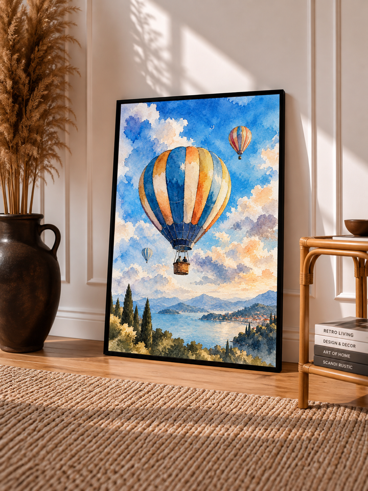Hot Air Balloon Watercolor Art Print displayed in a slim black frame within a warm neutral interior