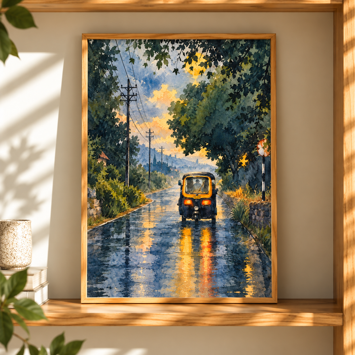 Rainy City Watercolor Art Print displayed in a slim black frame beside warm neutral interior textures
