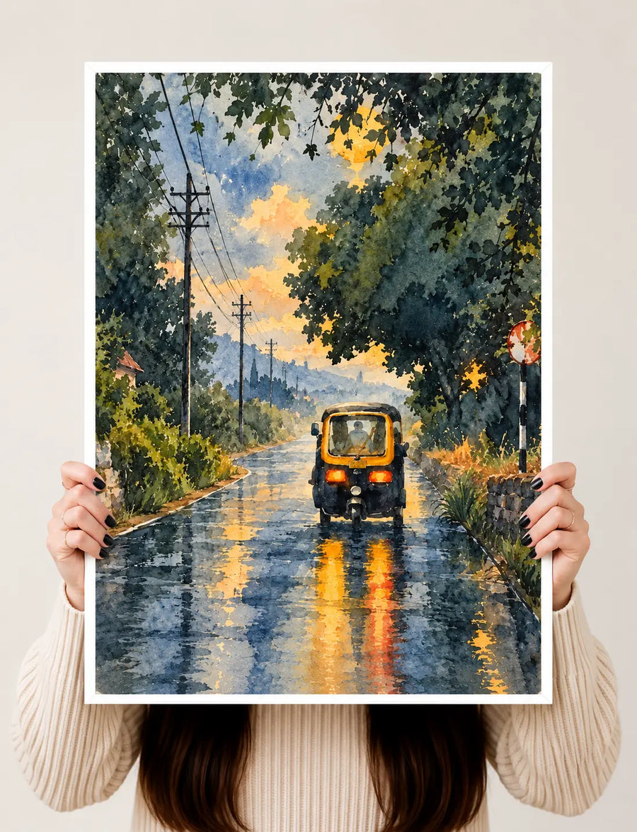 Rainy City Watercolor Art Print framed in natural oak with soft blue, green and golden painterly tones
