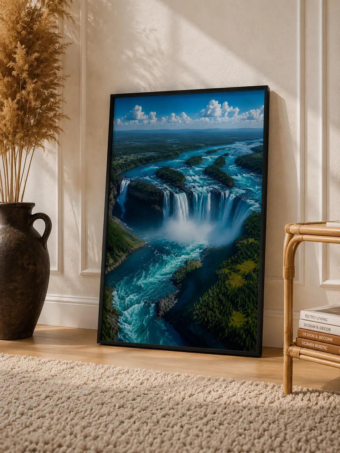 Framed blue waterfall aerial art print leaning upright against a wall.