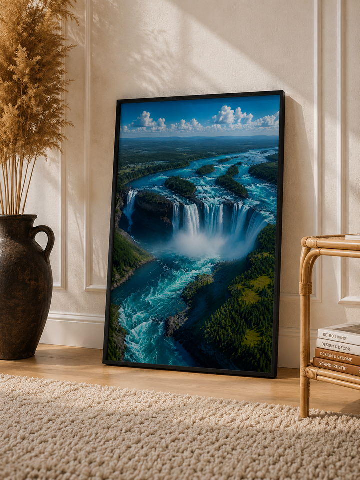 Blue Cascade Waterfall Art Print featuring layered turquoise waterfalls flowing through a dramatic river landscape