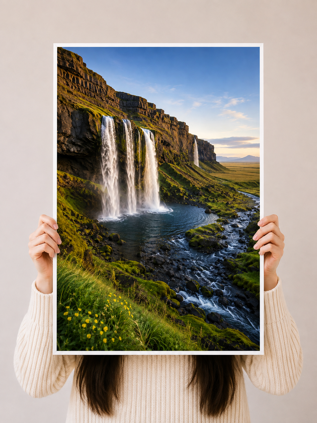 Mountain Waterfall Art Print displayed as scenic nature wall art in a warm contemporary interior