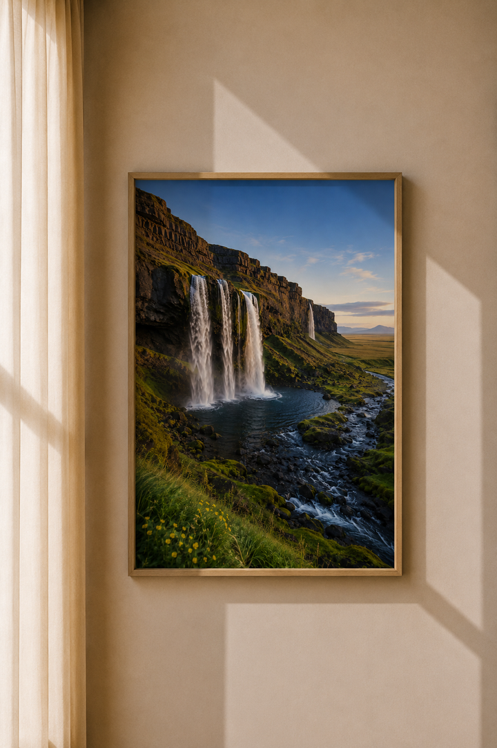 Mountain Waterfall Art Print featuring flowing water surrounded by green vegetation and dramatic peaks