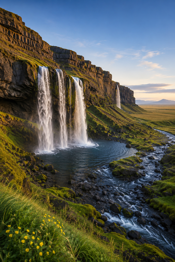 Mountain Waterfall Art Print displayed as wilderness wall decor for living rooms and creative spaces