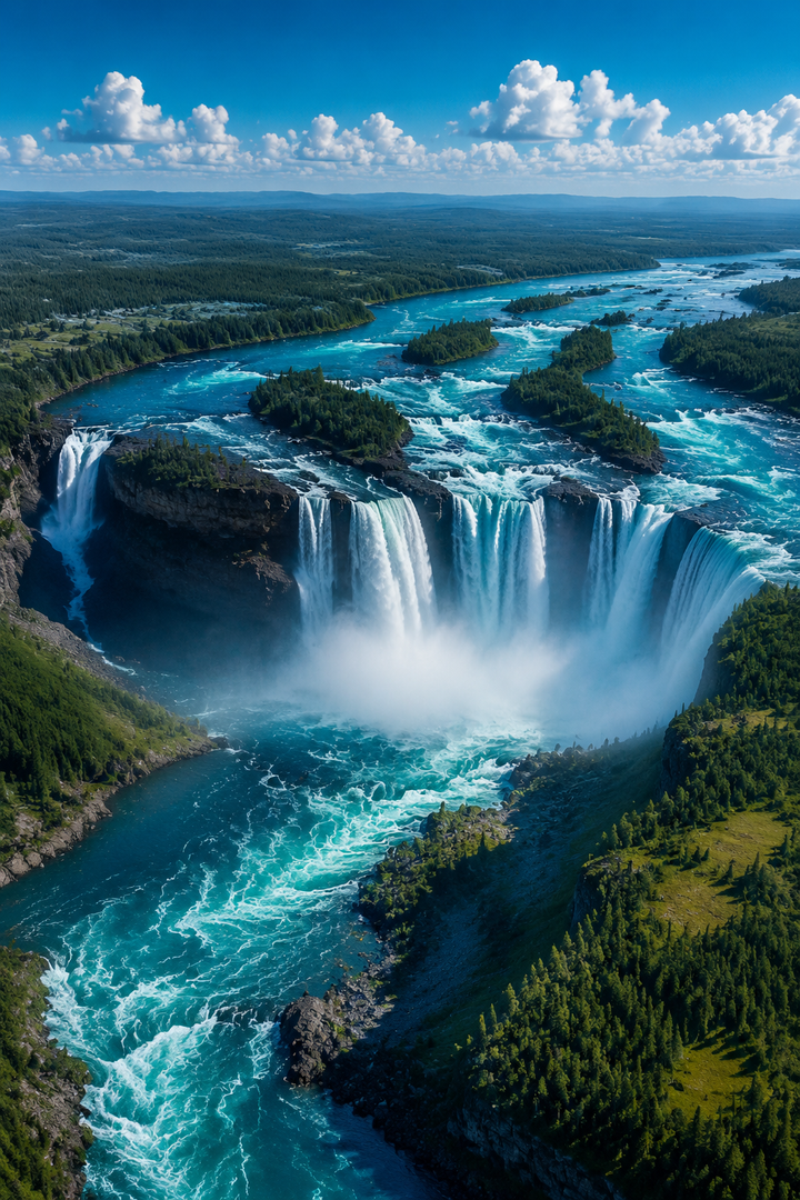 Blue Cascade Waterfall Art Print featuring powerful flowing water, layered falls and deep blue river tones