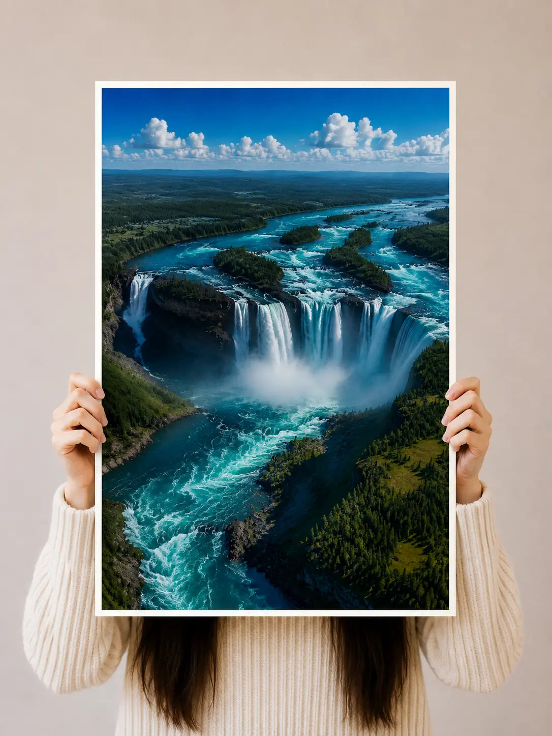 Blue waterfall aerial art print with white border, held up by two hands.