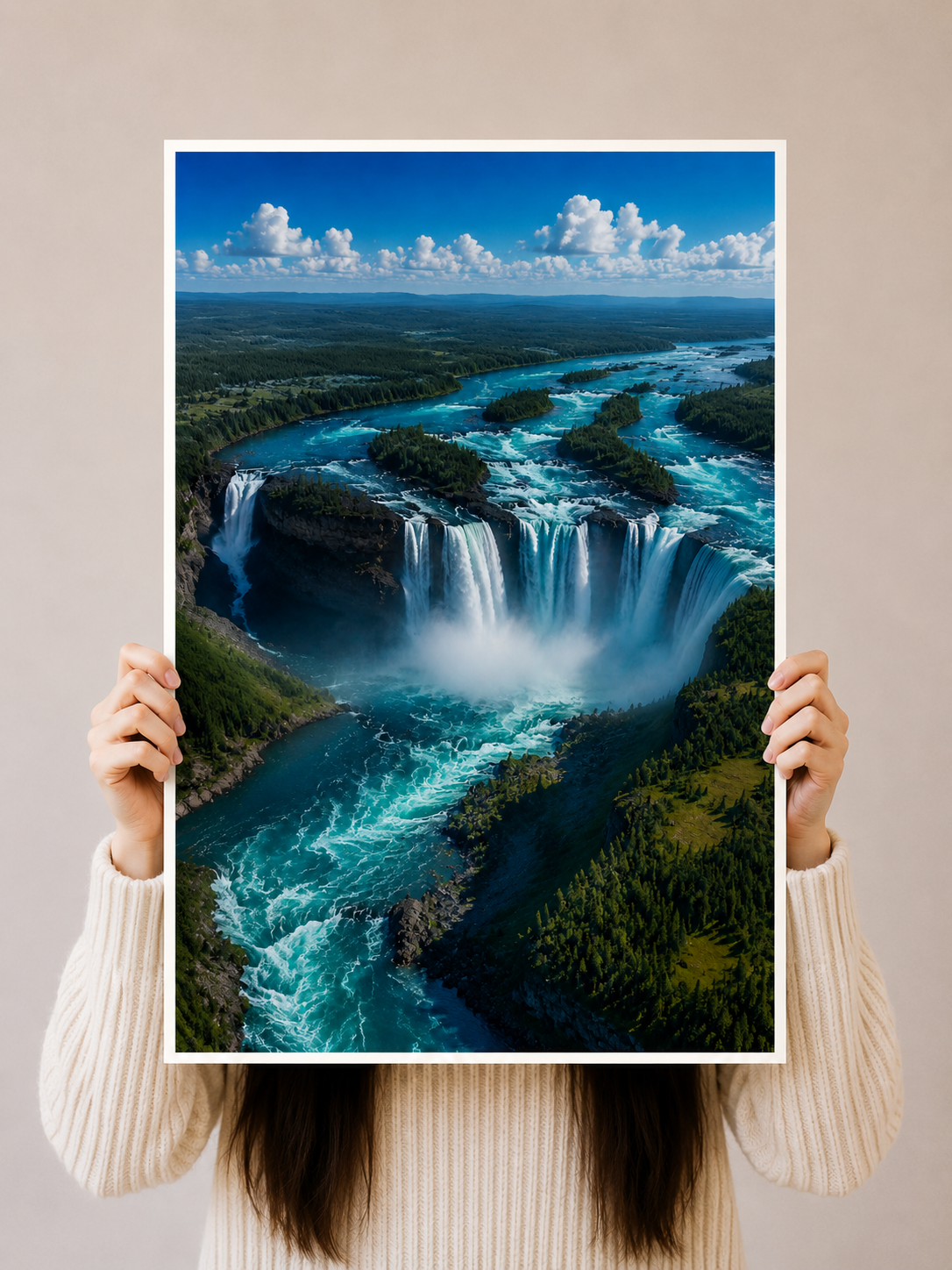 Blue Cascade Waterfall Art Print featuring multiple flowing falls surrounded by dark rocks and lush greenery
