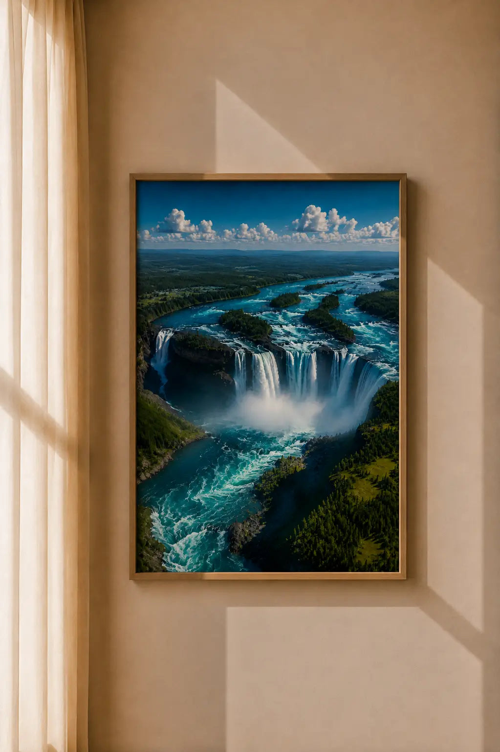 Framed blue waterfall aerial art print displayed on a wall with shadows.