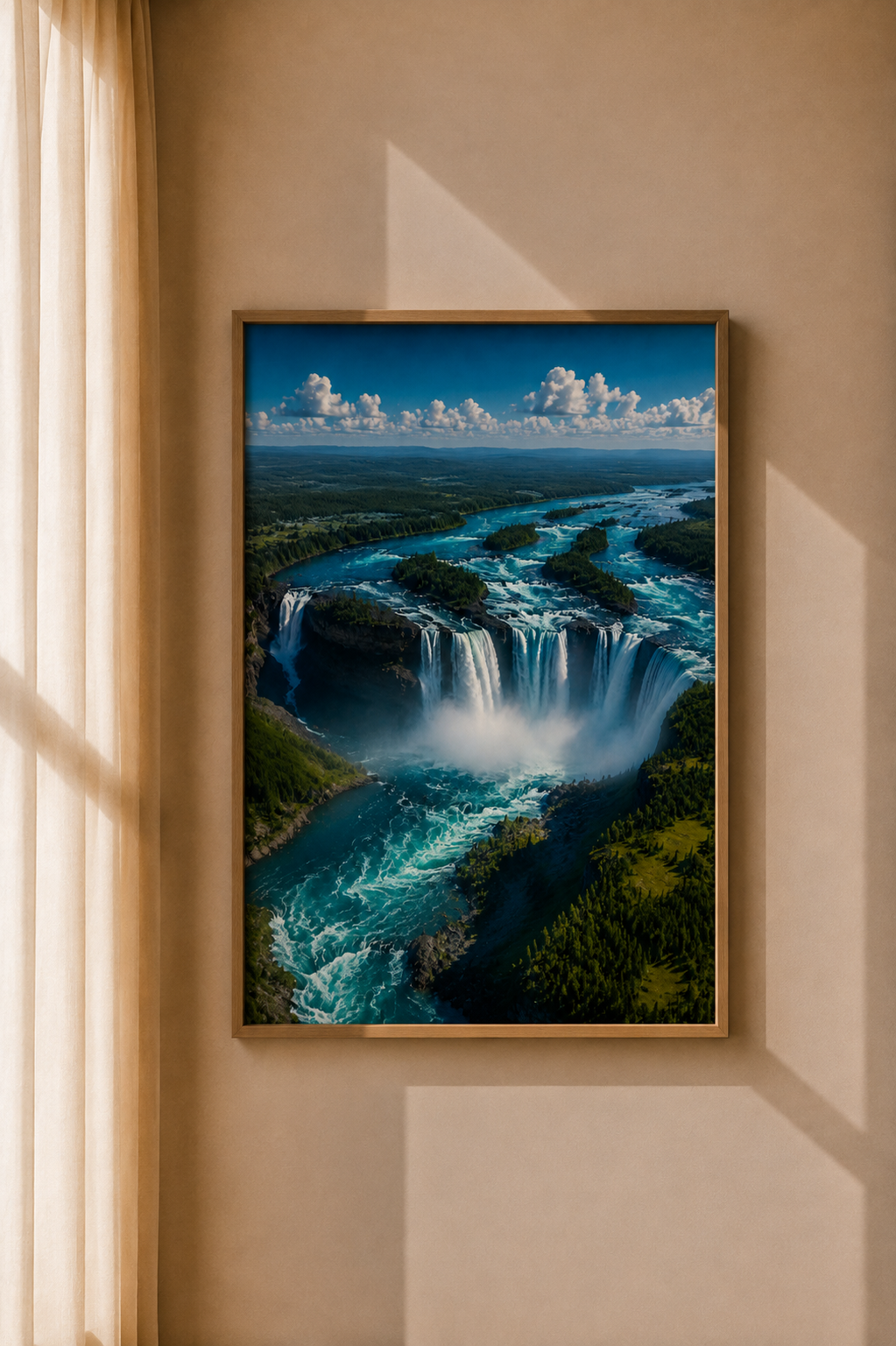 Blue Cascade Waterfall Art Print displayed as vivid nature wall art in a warm contemporary interior